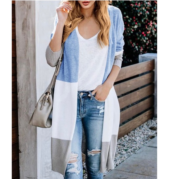 Women’s Boho Open Front Cardigan Colorblock Long Sleeve Loose Knit Lightweight - Picture 2 of 12